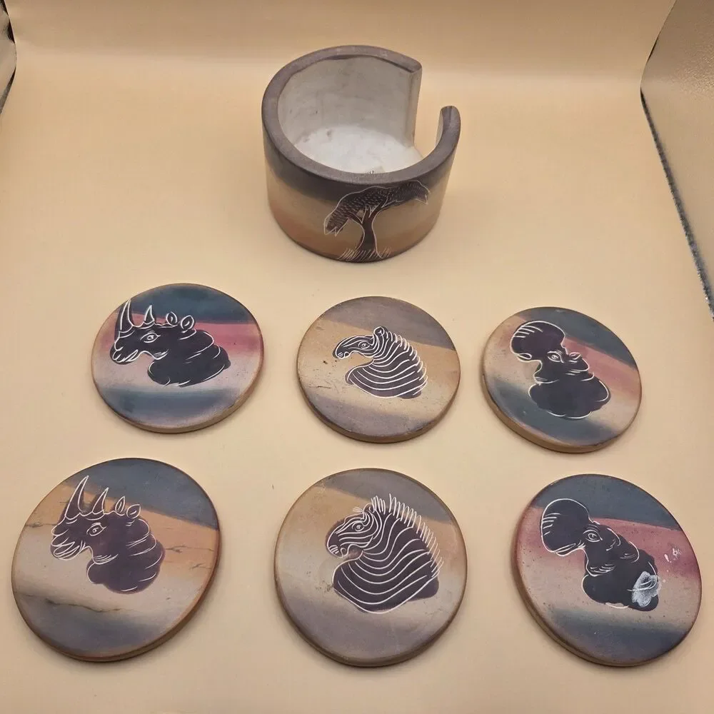 Vintage Kenyan Hand-Carved Soapstone Coasters - Set of 6 with Holder -...